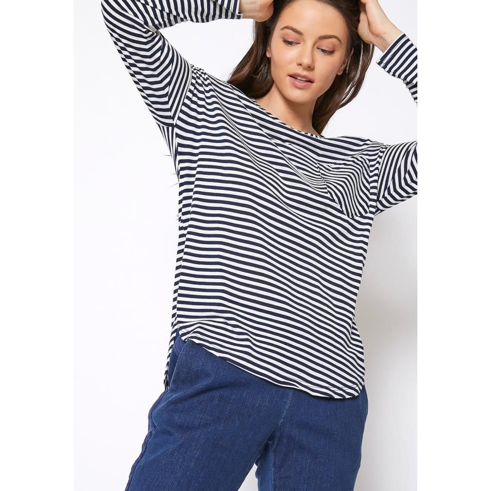 Cabi Coastal‎ Tunic Top Long Sleeve Striped Navy Blue White - Size MD